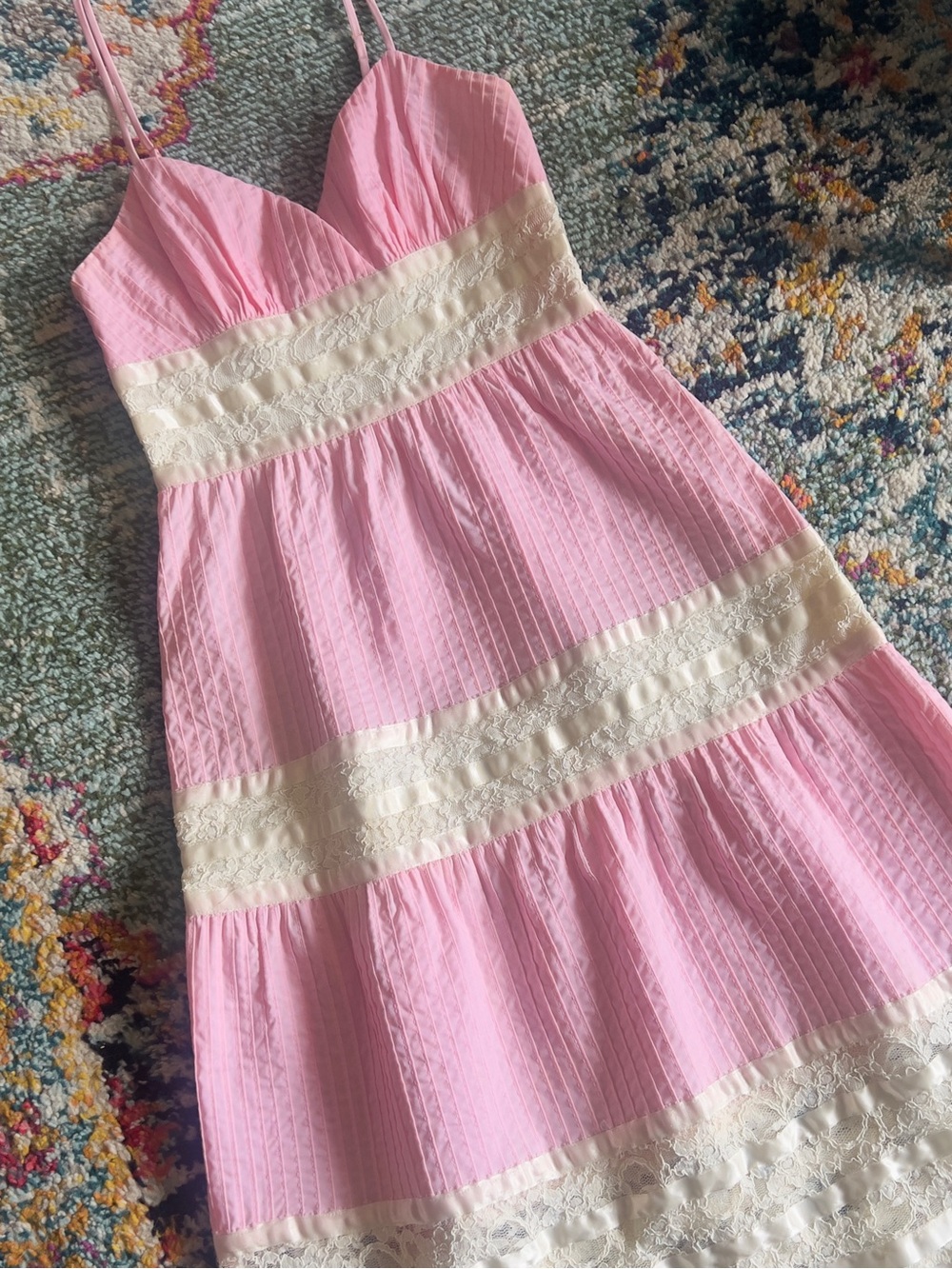 Betsey Johnson Pink and Cream Tiered Lace-Trim Dress